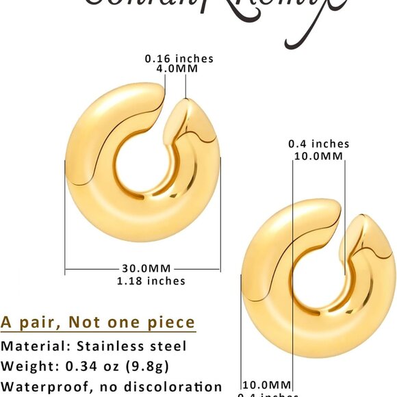 Chunky 14K Gold Plated Stainless Steel Hoop Ear Cuffs for Women Non Piercing - Picture 2 of 9